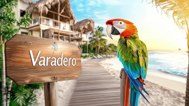 Tropical parrot on Varadero beach sign at resort boardwalk