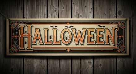 Fototapeta premium Vintage Halloween sign with bats and spiders on rustic wooden background