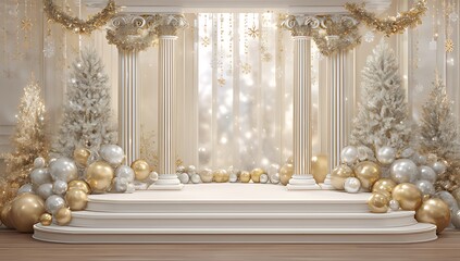Elegant christmas stage setup with columns trees and golden decorations