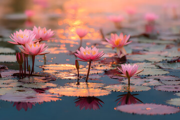 A tranquil lotus pond, filled with blooming pink and white lotuses surrounded by green lily pads
