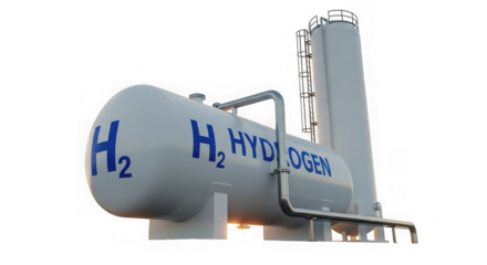 Large hydrogen storage tank with h2 symbol isolated on transparent background