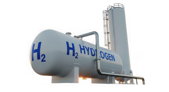 Large hydrogen storage tank with h2 symbol isolated on transparent background