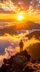 Breathtaking view of a lone hiker on a mountain summit, witnessing a majestic golden sunrise above a sea of clouds, symbolizing freedom and achievement
