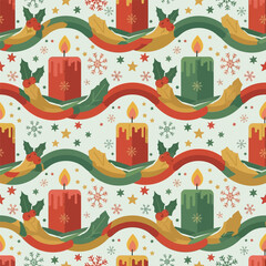 Seamless christmas pattern with candles, ribbons, stars and snowflakes