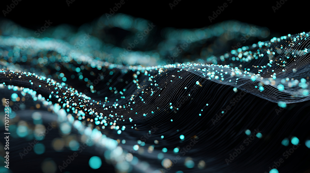 Poster design a network of shimmering dots interacting on a fluid wave surface