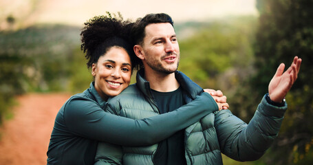 Love, hug and hiking with couple in nature for fitness, trekking adventure or happy. Workout...