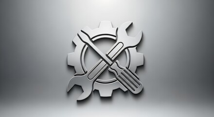 Metallic Gear Wrench Screwdriver Icon on Gray Gradient Background