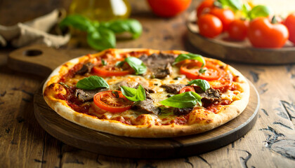 Beef Pizza with Tomatoes and Basil on a Wooden Cutting Board