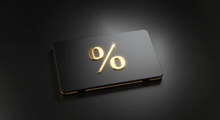 Elegant black tablet with golden percent sign for cyber Monday sale and promotion. Online shopping discount concept.