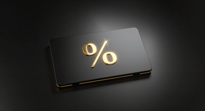 Elegant black tablet with golden percent sign for cyber Monday sale and promotion. Online shopping discount concept. - Powered by Adobe
