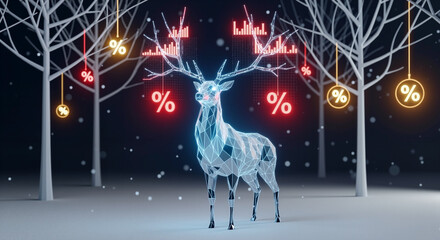 Polygonal deer in snowy cyber landscape with percentage sign for discount. Cyber Monday sale and winter promotion concept. Digital data chart.