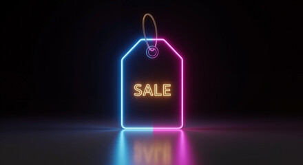 Neon glow price tag with sale word on black background. Modern digital commerce banner for Cyber Monday and seasonal online shopping.