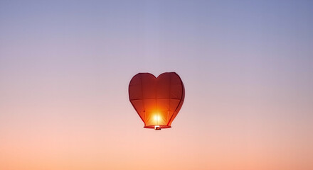 Red heart shaped sky lantern flying on a colorful sunset sky. Concept of love, hope, and remembrance for Day of the Dead.
