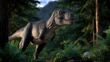 Fototapeta premium Majestic Dinosaur Roaming Through Lush Green Woods Under a Bright Sky Evoking a Sense of Adventure and Wonder in a Prehistoric Landscape Setting