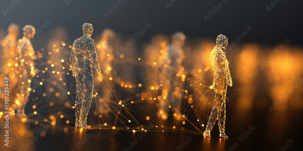 Poster abstract digital network concept depicting human figures interconnected with glowing lines on a dark