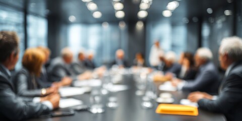 Obraz premium Blurred Business Meeting in Modern Conference Room with Professionals Engaged in Discussion and Collaboration Activities