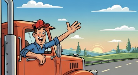 Smiling Truck Driver Wearing Red Cap Waving from Orange Semi Truck on Sunny Highway Road
