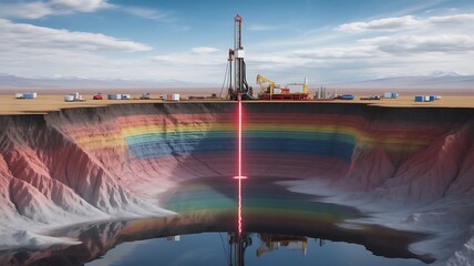 Drilling rig above layered earth cross-section, geological strata reflected in water, distant mountains framing the scientific landscape.