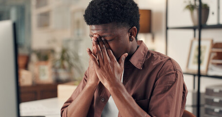 Frustrated man, headache and stress with pain for burnout, fatigue or mental health in office. Male...