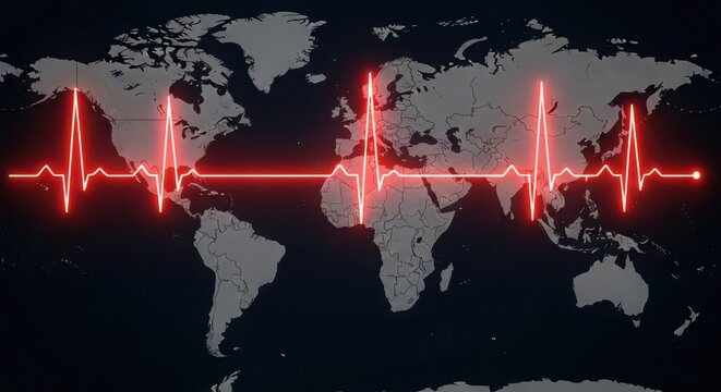 Global health pulse heartbeat across world map digital art - Powered by Adobe