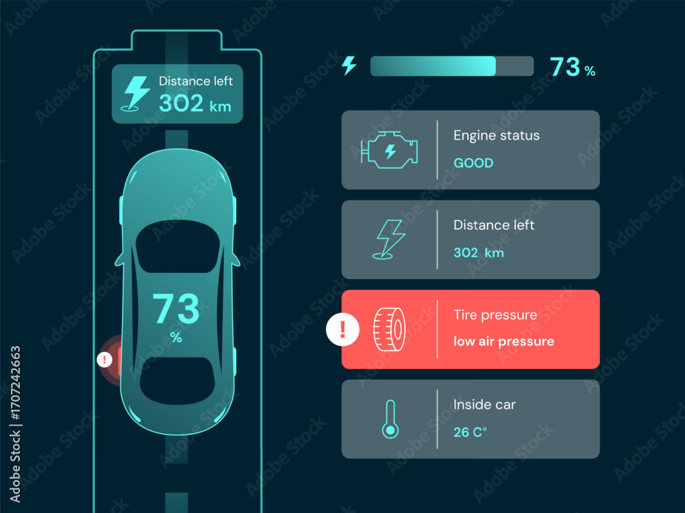 Poster top view electric car dashboard hologram user interface with display charging status ev car on way r