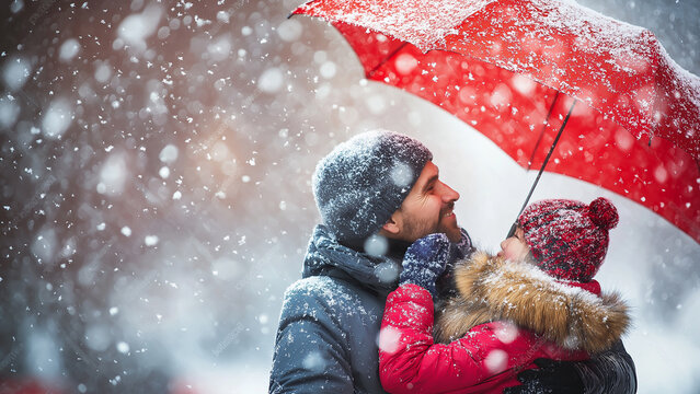 A couple with an umbrella on a snowy day

