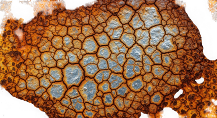 Closeup abstract texture of cracked rusty metal surface with blue elements, isolated on transparent background