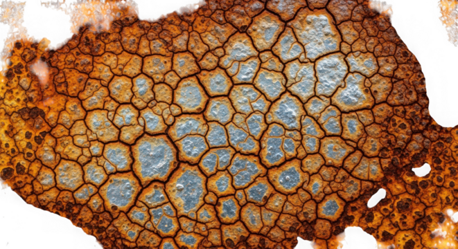 Closeup abstract texture of cracked rusty metal surface with blue elements, isolated on transparent background