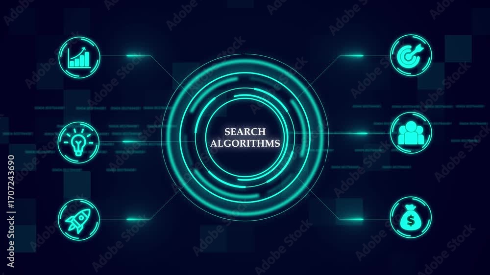 Poster search algorithms concept. futuristic holographic advanced hud circle platform business, technology 