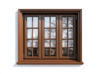 Wooden window with multiple panes, reflecting the outside