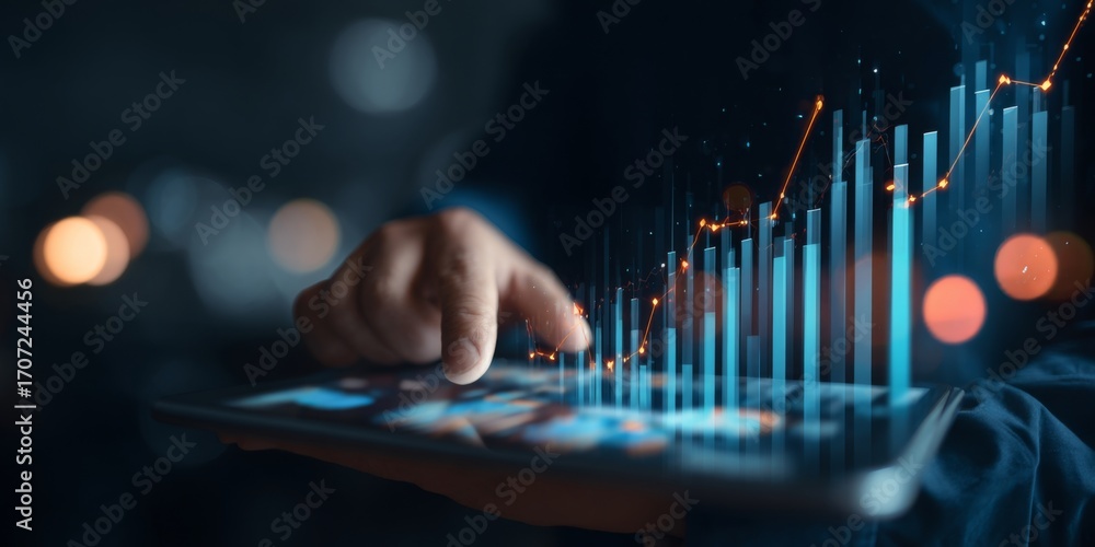 Poster businessman analyzing financial data with digital graphs and charts on tablet device in modern offic