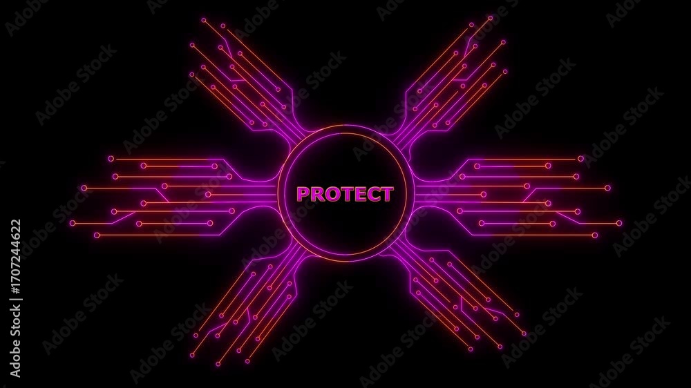 Poster glowing neon hud-style circle with circuit board lines, and the center text says 