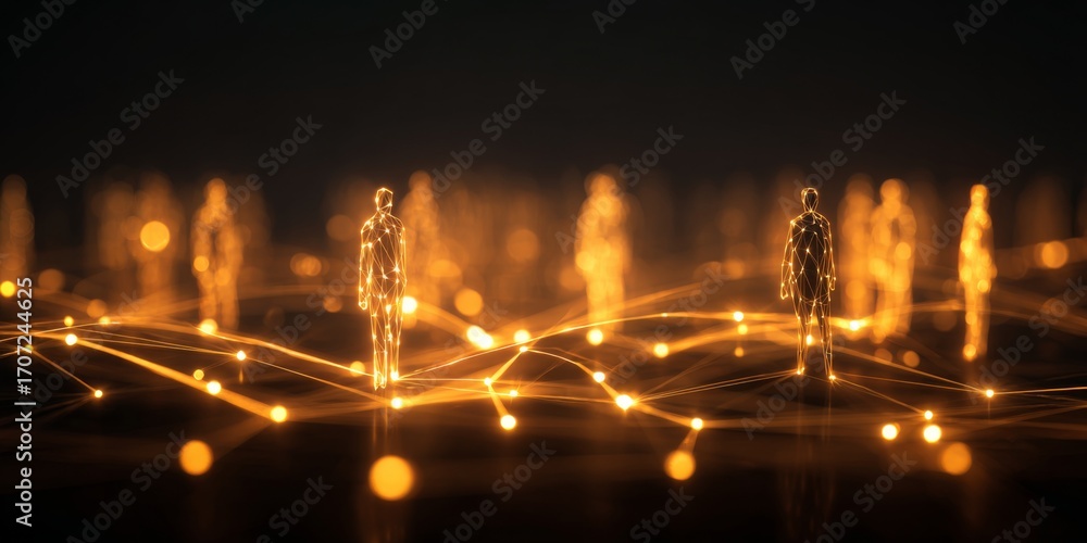 Poster abstract digital network concept depicting human figures interconnected with glowing lines on a dark