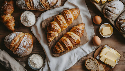Bakery. freshly baked croissants, sourdough bread, French pastries on a linen napkin and wooden board, flour, butter and eggs scattered side by side, a backdrop ideal for creating a corporate identity