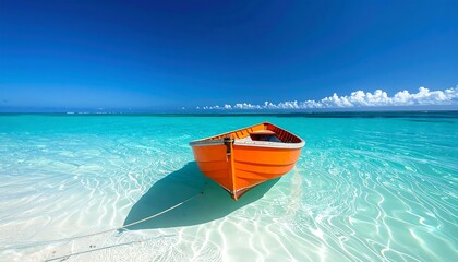 Tropical beach scene with orange boat