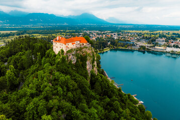 Bled, Slovenia. Bled Castle with Lake Bled with the Church of the Assumption of Maria and Julian...