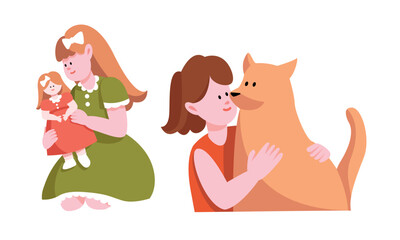 The Affection of Children Delightful Girls with Their Cherished Doll and Playful Dog Companions