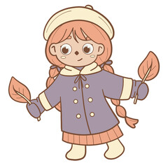 Cute Girl with Autumn Leaves and Warm Clothing
