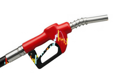 Red gasoline nozzle with a financial stock market graph overlay, isolated on transparent background