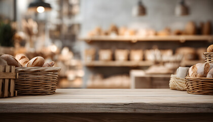 Obraz premium Bakery. Minimalistic bakery showcase background with an empty wooden counter, blurred bread baskets behind, bakery brand design, a background perfect for creating a corporate identity