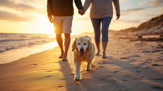 Mature couple walking dog on sandy beach at sunrise