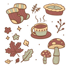Autumn Cozy Elements Vector Set – Teapot, Tea Cup, Pumpkin, Books, Candle, and Fall Leaves Illustration