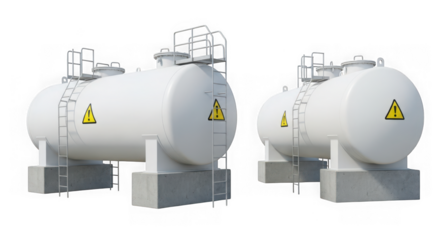 Two industrial white storage tanks with hazard symbols, isolated on transparent background