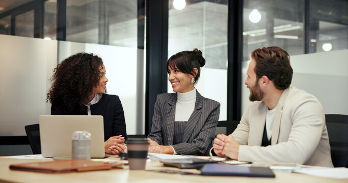 Meeting, business and people smile in office for intern training, collaboration and feedback. Staff, attention and employee team for upskill coaching, planning and information for proposal briefing