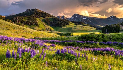 Lush valley meadow with lupines and mountains at sunset