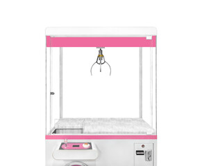 Close up empty large white claw machine decorated with pastel pink isolated