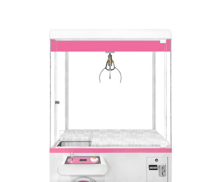 Close up empty large white claw machine decorated with pastel pink isolated