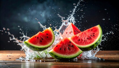 Watermelon slices in water splashes on wood
