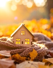 Miniature house in autumn leaves