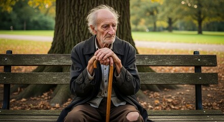 Elderly Man Wearing Dark Jacket Sitting on Wooden Bench in Autumn Park Holding Cane